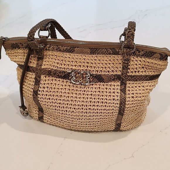 Brighton Crochet Embossed Python Leather Trim Shoulder Bag Tote - Picture 1 of 15